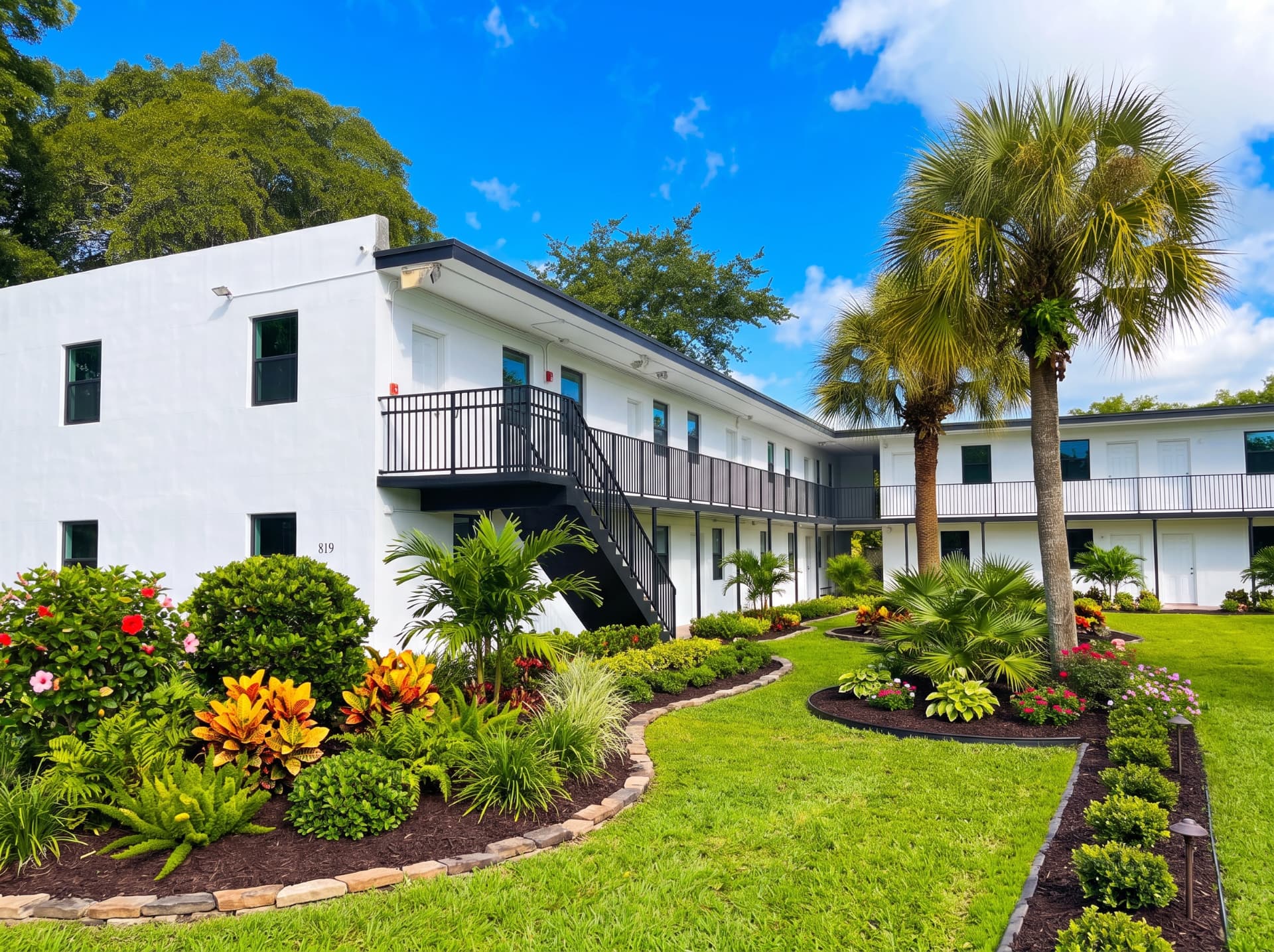 Dorsey Harbor west elevation overlooking palm-lined garden paths