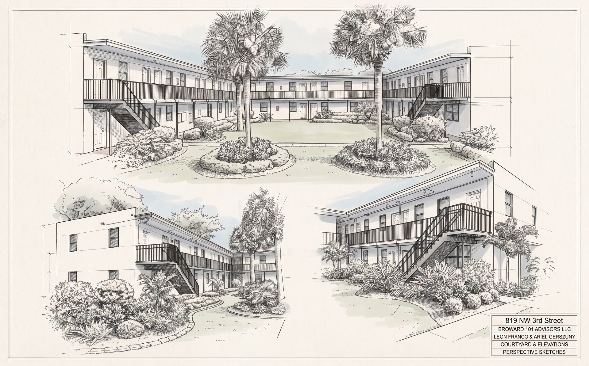 Architectural sketches of Dorsey Harbor courtyard and building elevations
