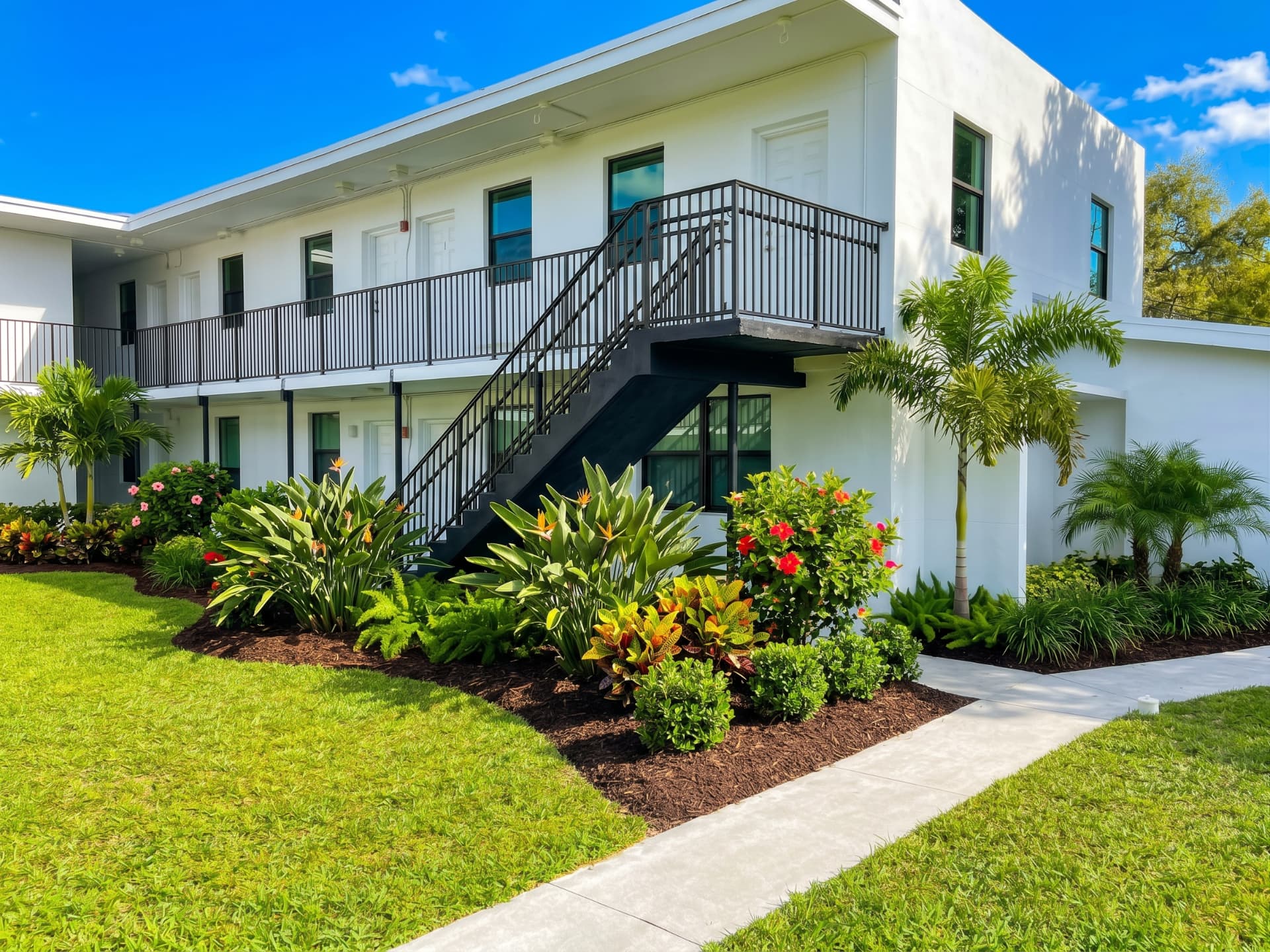 White two-story building with black railings and landscaped garden