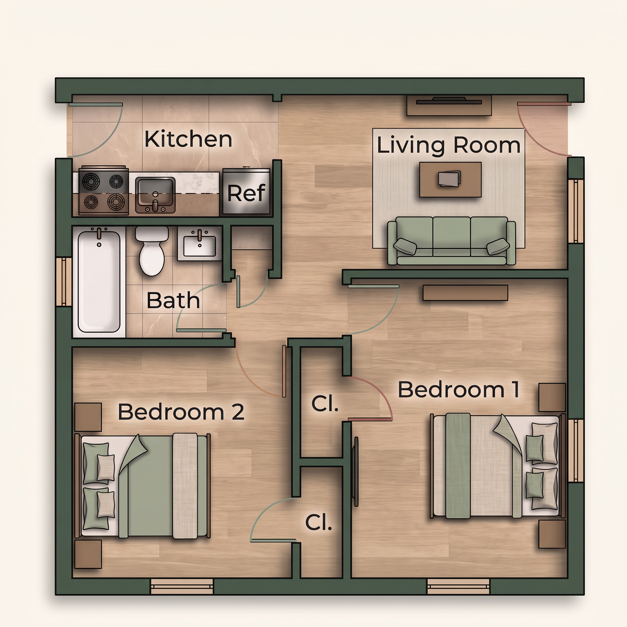 Two-bedroom, one-bathroom, 620-square-foot apartment floor plan showing the kitchen, living room, bedrooms, bathroom, and closets
